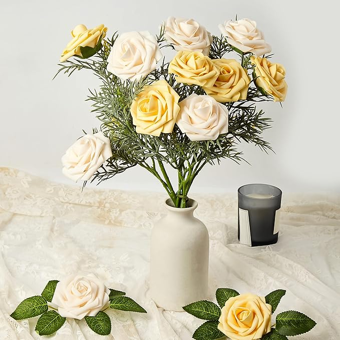 Artificial Flowers, 50pcs Creamy Yellow and Ivory Artificial Rose for DIY Wedding Bouquets Centerpieces Arrangements, Fake Flower with Stems for Party Home Decorations