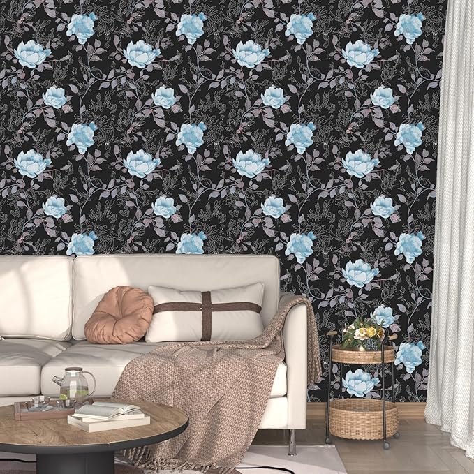 Black Blue Floral Peel and Stick Wallpaper Flowers Contact Paper 17.5"x118" Self Adhesive Waterproof Vintage Dark Floral Wall Paper for Shelf Liner Cabinet Decor