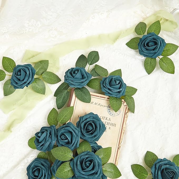Artificial Flowers, 50pcs Artificial Rose for DIY Wedding Bouquets Centerpieces Arrangements, Dark Teal Fake Rose with Stems for Birthday Bridal Shower Graduation Events Decoration