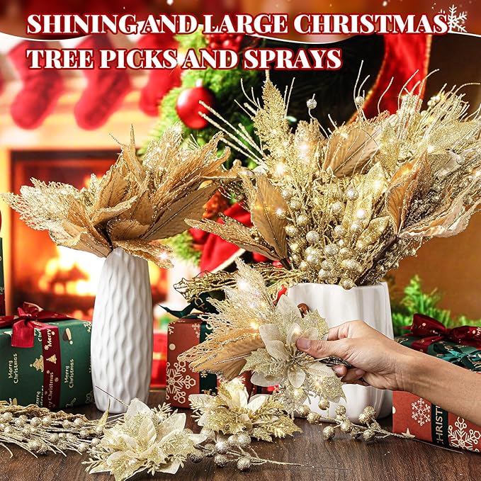 Yerliker 108 Pcs Gold Glitter Christmas Picks and Sprays, 12 Styles Artificial Christmas Floral Berry Branches Flowers Stems for Xmas Tree Ornaments Wreath Garland DIY Vase Holiday Party Decor