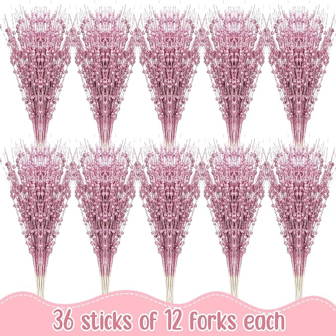 Geosar 30 Pcs Christmas Artificial Glitter Berry Stem Decorations 17 Inch Faux Stick Floral Pick Centerpiece Bouquet Flower Bead Twigs for Centerpiece Tree Wreath Xmas Ornaments Home(Pink)