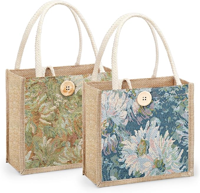 Women Tote Bag,2Pcs Jute Casual Tote's Handbag Embroidered Personalized Bento Bag,Reusable Grocery Bags Shopping Bags