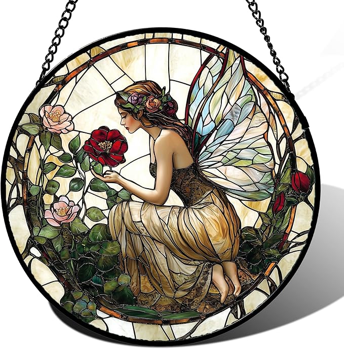 Stained Glass Window Hanging - Butterfly Flower Fairy Suncatcher for Door Terrace Garden Home Decor Yellow Green Plants Sun Catcher Birthday Gifts for Lovers Women Men Dad Mom Nana 9.8 in