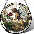 Stained Glass Window Hanging - Butterfly Flower Fairy Suncatcher for Door Terrace Garden Home Decor Yellow Green Plants Sun Catcher Birthday Gifts for Lovers Women Men Dad Mom Nana 9.8 in
