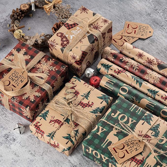 RUSPEPA Christmas Wrapping Paper, Kraft Paper - Red and Green Plaids Style Designs - 4 Rolls - 30 inches x 10 feet per Roll