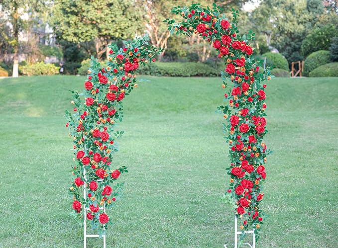 6FT Bendable Flower Garland, Artificial Rose Vine Hanging Floral Garland Decoration for Weding Home Room Wall Decor (Red, 2pcs)