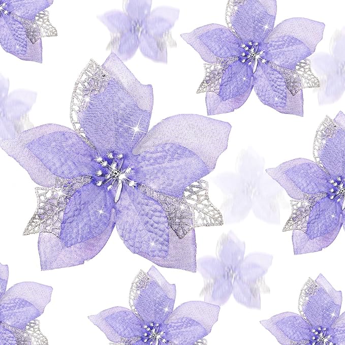 WILLBOND 36 Pieces Christmas Poinsettia Glitter Faux Flowers Christmas Artificial Flowers Tree Ornaments Topper Xmas Decorations(Purple)