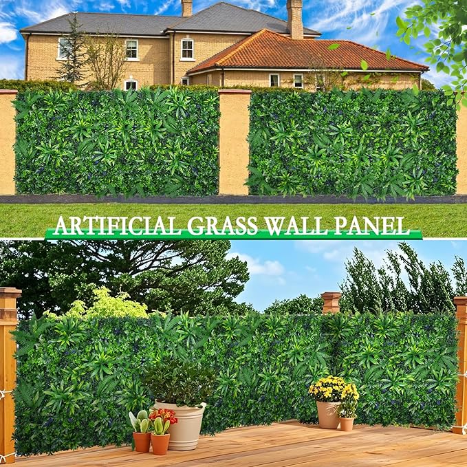 12pcs 20''x20'' Grass Wall Panels, Artificial Hedge Panels Greenery Wall, UV Protected Faux Grass Backdrop Privacy Fence Screen, Greenery Wall for Outdoor Indoor Garden Birthday Wedding Decor