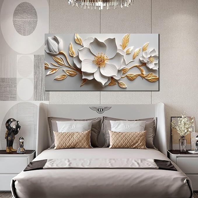 Canvas Wall Art for Living Room Bedroom Office White and Gold Flower Artwork Large Botanical Wall Art Framed Wall Decor Modern Canvas Prints 29x59 In