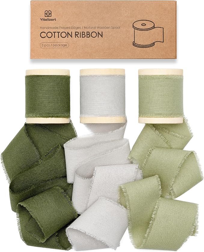 Vitalizart Sage Green Ribbon 1-1/2" x 15 Yd 100% Cotton Handmade Frayed Fringe Fabric Incanus Ribbons for Gift Wrapping Wedding Invites Bridal Shower Bouquets Christmas Decorations