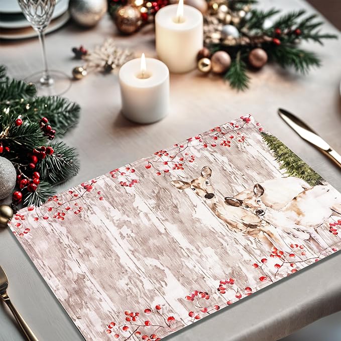 Maison d' Hermine Placemats Set of 4 100% Cotton Washable Cloth Place Mats, Reusable Table Mats for Thanksgiving Christmas Decorations Kitchen Dining Party Wedding (Mountain Life, 13" x 19")
