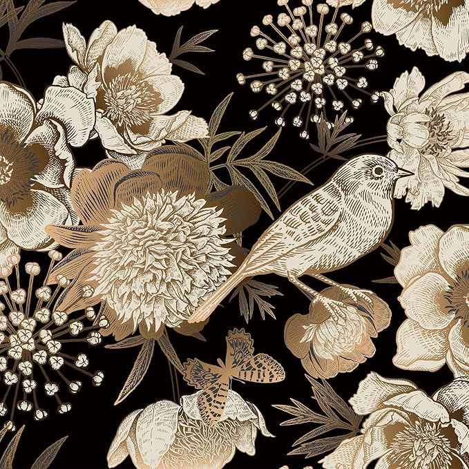 Floral & Birds Peel and Stick Wallpaper Antique Gold Black Self Adhesive Removable Floral Wallpaper for Bedroom Renter Friendly Floral Contact Paper for Bedroom Bathroom Walls Shelf Liner 17.7"x236.2"