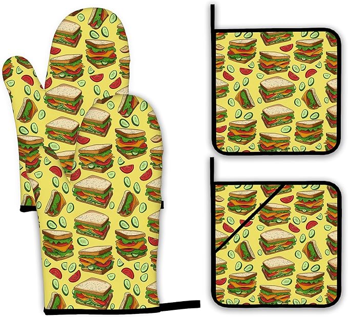 Cute Sandwich Oven Mitts and Pot Holders,Heat Resistant Oven Mitts Gloves and Pot Holder for Home Kitchen Decorations Cooking Baking BBQ Gifts,Set of 4