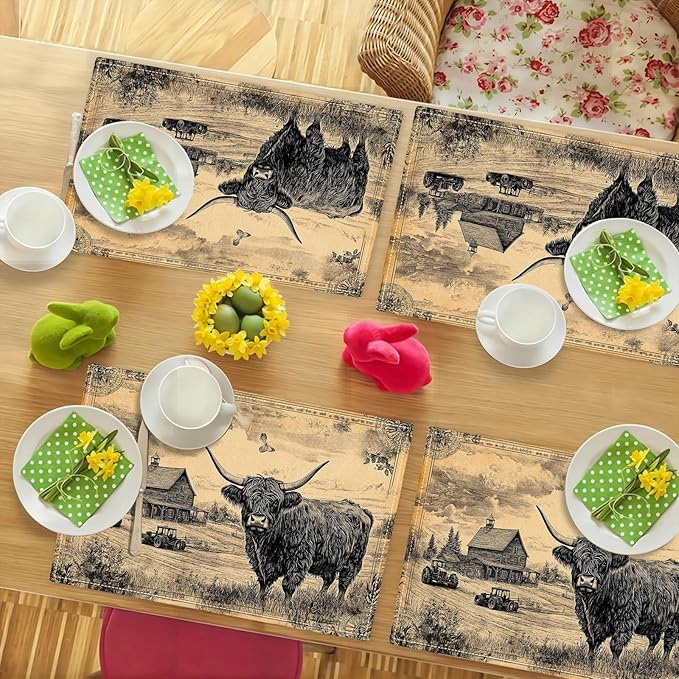 Farmhouse Highland Cow Placemats Set of 6, Country Barn Place Mats, Rustic Black and White Dining Table Mats, Washable Placemats for Kitchen Dining Room Home Decor 18L'' × 12W''