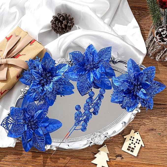24 Pcs Royal Blue Boxed Christmas Poinsettia Flowers Set, 16 Pcs Artificial Poinsettias with Clips, 8 pcs Glitter Christmas Tree Ornaments Berry Stems for Wedding Home Holiday Xmas Decorations