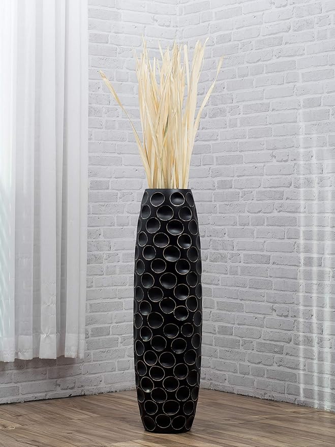 Leewadee Large Black Home Decor Floor Vase - Wooden 34 inch Tall Farmhouse Decor Flower Holder for Fake Plant and Pampas Grass