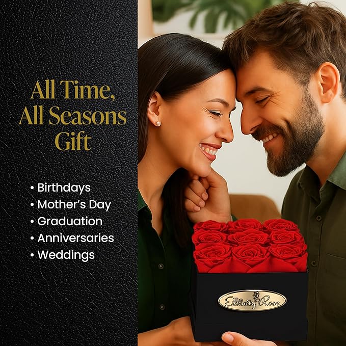 The Eternity Rose 9-Piece Preserved Roses in a Luxury Gift Box – Real Roses in Square Black Box – A Valentine’s Gift as Everlasting as Your Love