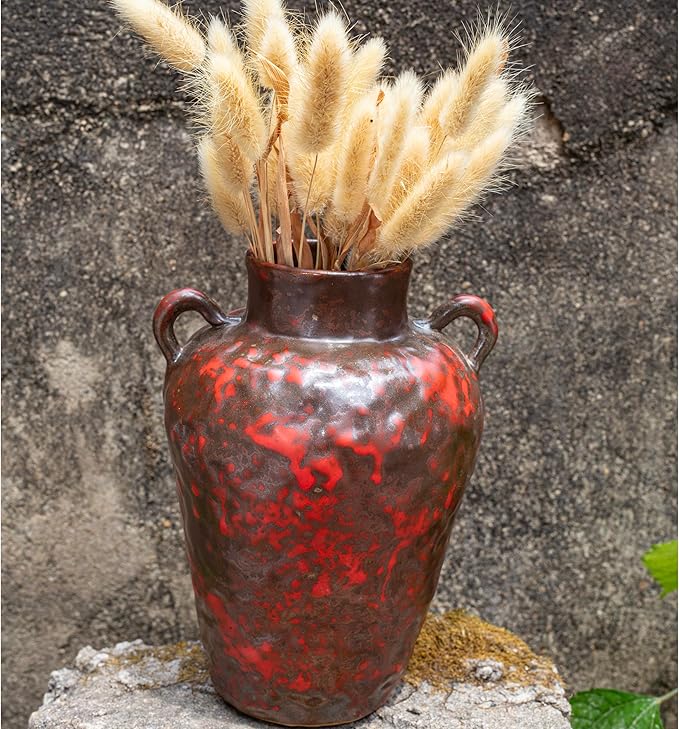 8IN Rustic Farmhouse Ceramic Vase Home Decor, Vintage Stoneware Clay Pottery Terracotta Textured for Modern Farmhouse, Living Room, Office Desk Table Shelf(Grey and red)