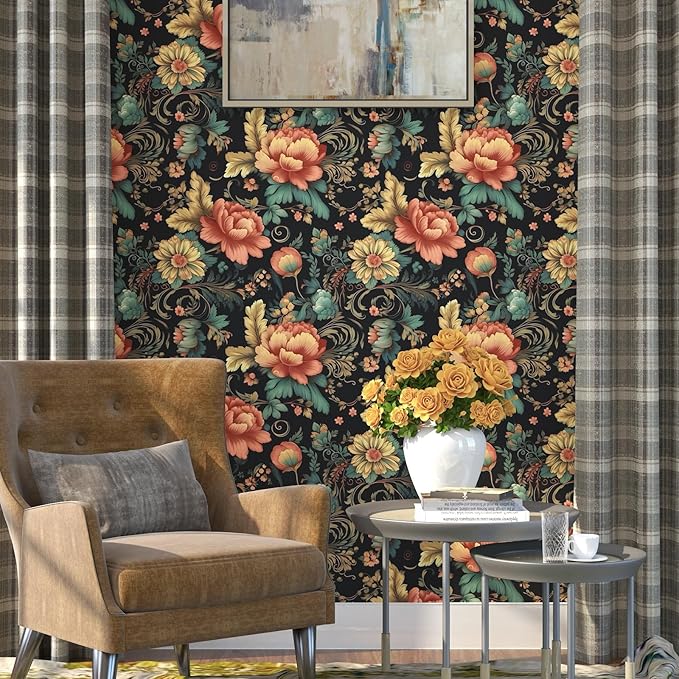Red Colorful Floral Peel and Stick Wallpaper Vintage Contact Paper Vibrant Flower Wall Paper for Backsplash Cabinet Accent Walls Removable Renter Friendly 17.5 x 196.5In
