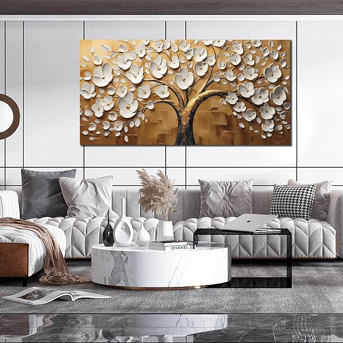 Large Wall Art for Living Room Bedroom Office Tree Art Wall Decor Gold Artwork Tree of Life Wall Art White Flower Framed Wall Decor Modern Canvas Prints 29x59 In