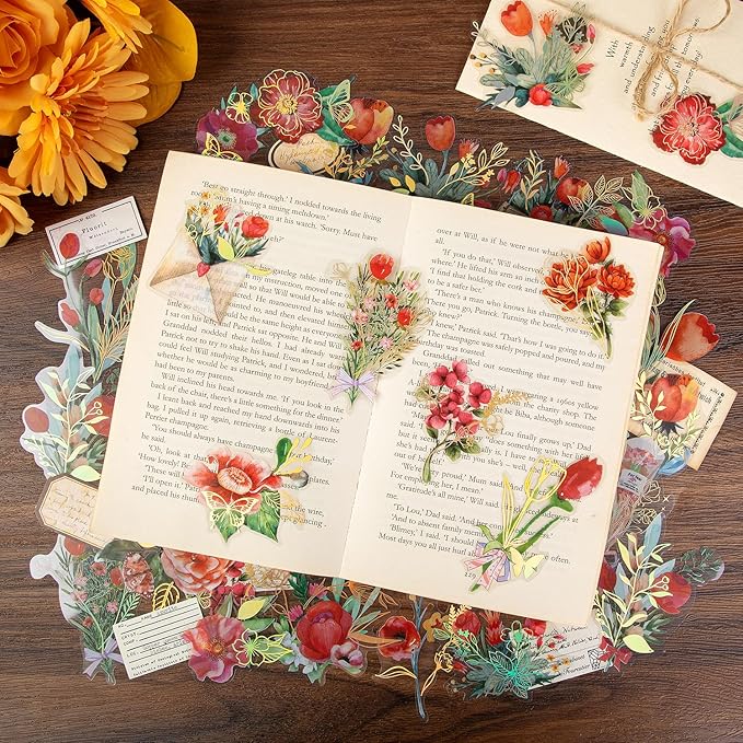 240Pcs Transparent Flower Stickers, Cute Vintage Floral Sticker for Kids, Clear Wildflower Stickers for Water Bottles, Scrapbooking, Card Making, Crafts, Laptop