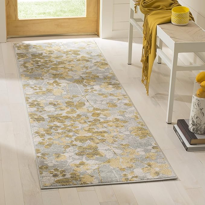 SAFAVIEH Evoke Collection 2'2" x 9' Grey / Gold EVK236P Floral Non-Shedding Living Room Entryway Foyer Hallway Bedroom Runner Rug