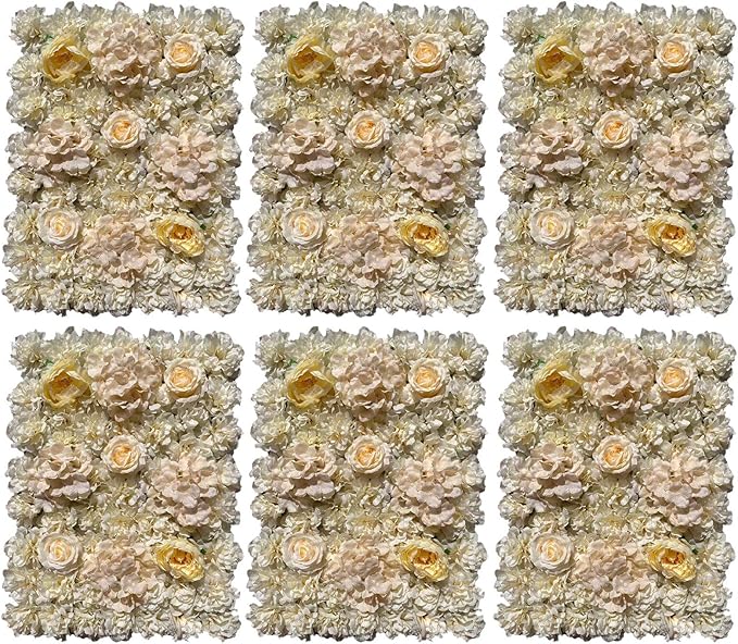 6 Pack Artificial Flower Wall Panels 24" x 16" Flower Wall Panel Wall Backdrop Faux Hydrangea and Rose Flower Backdrop Panels for Flower Wall Decor Wedding Party Event Decoration (6 PCS, Khaki)