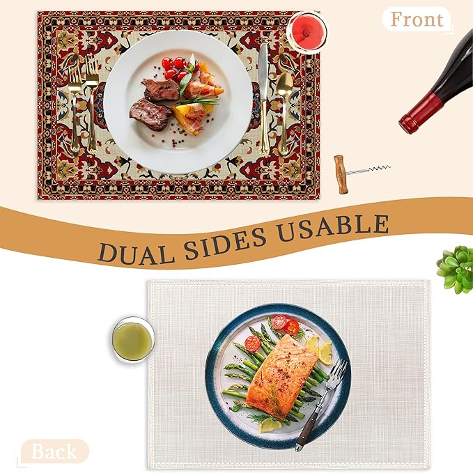 Fall Boho Carpet Placemats Set of 6, Washable Heat Resistant 12×18 Inch Linen Table Mats Orange Brown Place Mats for Party Outdoor Dining Decor