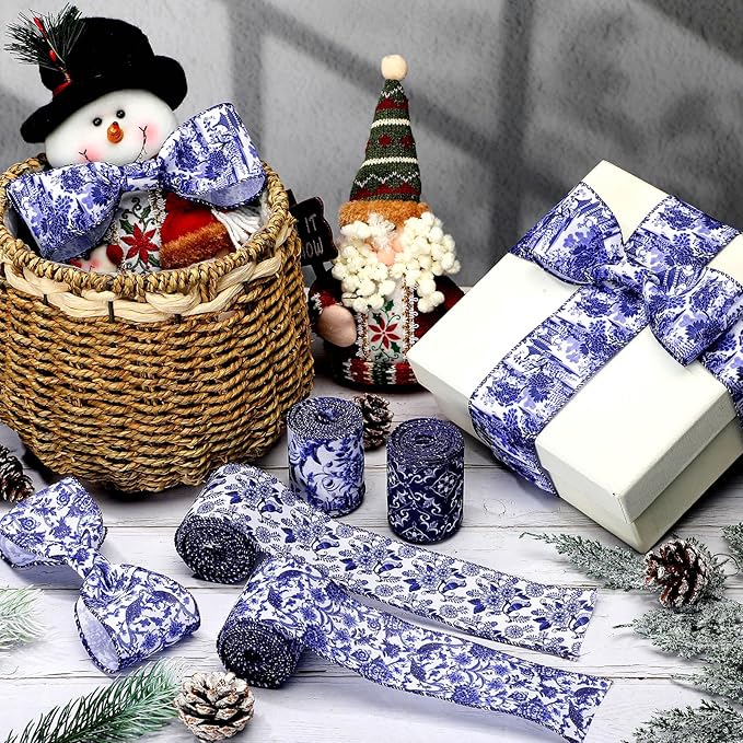 Lyrow 6 Rolls Chinoiserie Ribbon White and Blue Wired Edge Floral Ribbon Butterfly Flower Pattern Fabric Craft Wreath Bow Wrapping for Home Christmas Birthday Party Decor 2.52 Inches by 5 Yards