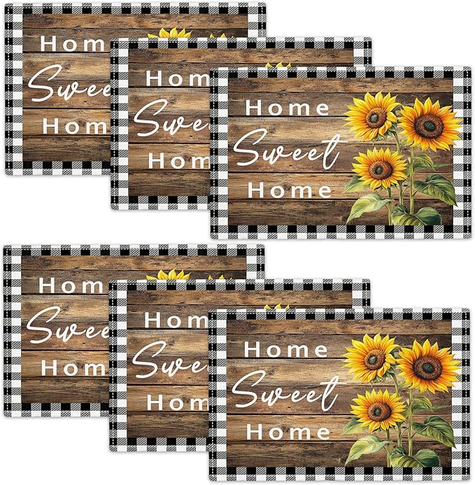 Farmhouse Sunflower Placemats Set of 6, Home Sweet Home Place Mats, Rustic Dining Table Mats, Washable Placemats for Kitchen Dining Room Home Decor 18L'' × 12W''