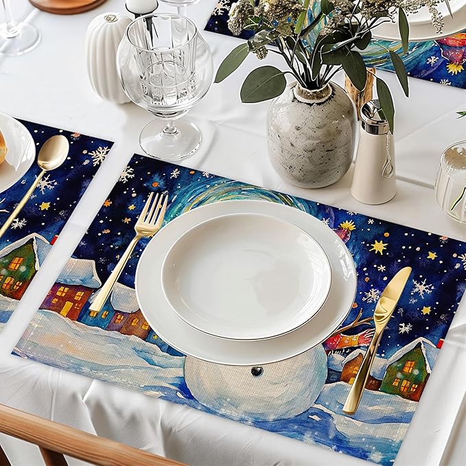 Christmas Snowman Table Mats Set of 6,Starry Night Moon Non-Slip Washable Placemats for Restaurant Home Kitchen Dinner Table 12x18Inch