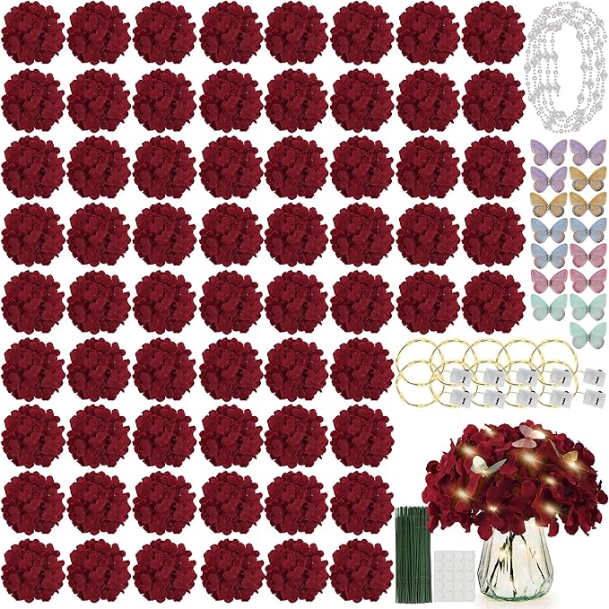 64PCS Artificial Hydrangea Flowers with Stems, Silk Hydrangea Heads with LED Decorative Lights, Crystal Strings & Butterfly Accents for Wedding Centerpieces and Home Decor(64, Burgundy)
