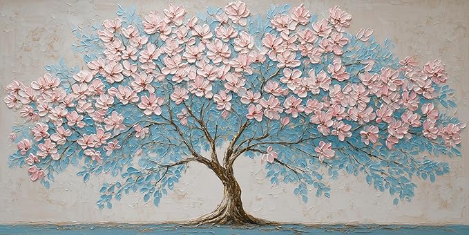 IDAFU Pink Tree of Life Canvas Wall Art Pink Flower Tree Wall Décor Abstract Pink Flowering Tree on Teal Blue Nature Landscape Painting Ready for Living Room, Bedroom, Office Home Décor 40L x 20W