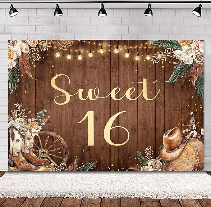 SVBright Sweet 16 Backdrop 5Wx3H Western Cowgirl Rustic Boho Pampas Grass Farmhouse Country Flower Floral West Retro Wooden Boots Hat Decorations Photography Background Banner Photo Booth Studio