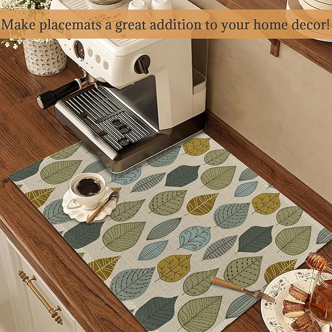 Placemats Set of 6, Autumn Leaves Abstract Leaf Linen Place Mats,Modern Washable Table Placemats 12"x18" Heat Resistant Table Mats for Dining Kitchen Party Holiday Decoration