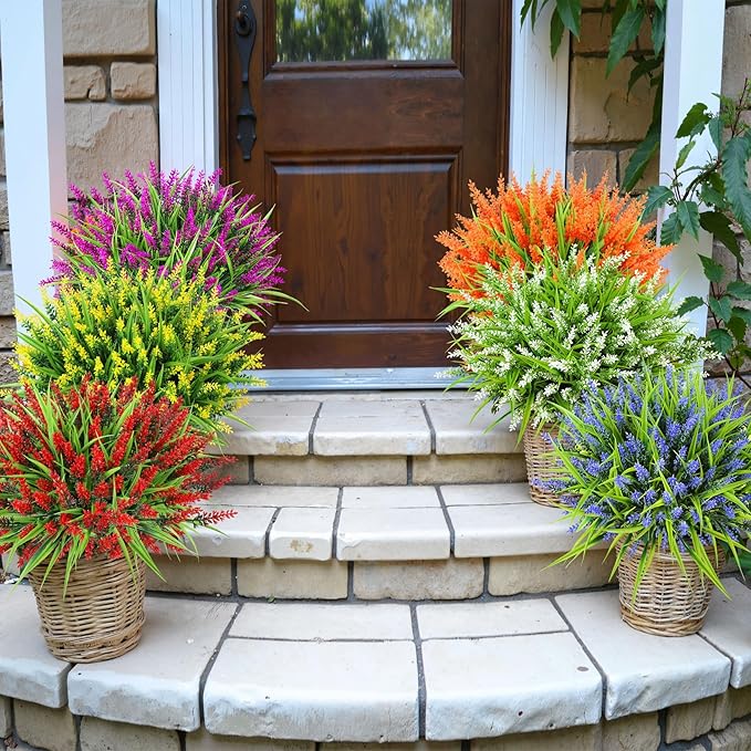 Ouddy Decor 24 Bundles Artificial Flowers for Outdoors, Fake Lavender Flowers Monkey Grass Faux Plastic Plants Shrubs UV Resistant for Porch Garden Window Box Office Home Decorations, Fuchsia
