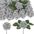Fake Roses,50PCS Silver Roses Artificial Flowers 2.76" Foam Roses with Stems for Wedding Christmas DIY Wreath Home Table Floral Arrangement(Silver)