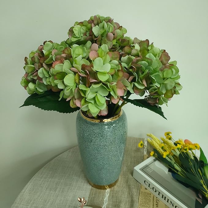 Green Hydrangea Artificial Flowers,6 Pcs Faux Green Hydrangea Flowers, Artificial Hydrangeas Flowers with Stems,Fake Hydrangea Flowers, Hydrangea Silk Flowers (6, Green)