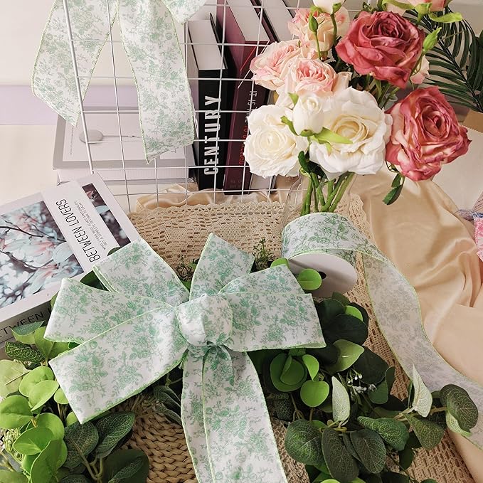 Green Floral Wired Ribbon 2.5 Inch Chinoiserie Vintage Flower Decorative Fabric White and Green Ribbon for Bow Wreath DIY Crafts, 15 Yards