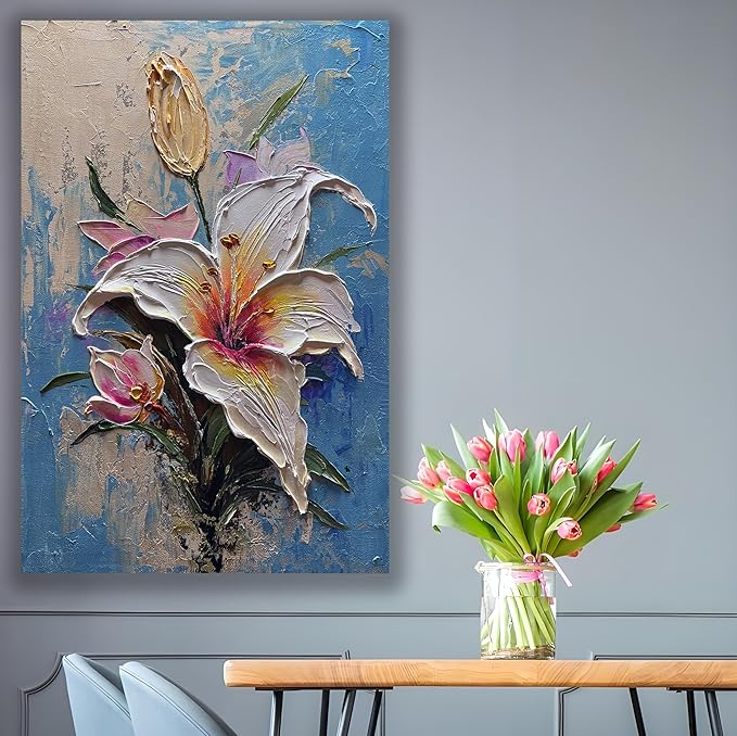 moshinart 24 x 36in Hand-Painted Oil Painting 3D Texture Black White Grey Modern Minimalist Black Abstract Wall Art, Home Office Wall Decoration Lily