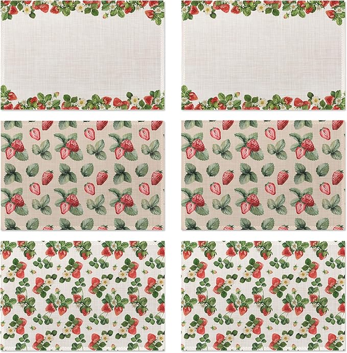 Strawberry Placemats Set of 6,Washable Heat Resistant 12×18 Inch Linen Table Mats Cute Place Mats for Party Outdoor Dining Décor