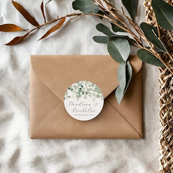 Personalized Floral Wedding Stickers with Your Choice of 30 Flower Styles - Choose Font and One of Five Pre-made Phrases or Add Custom Text (001 - Eucalyptus)