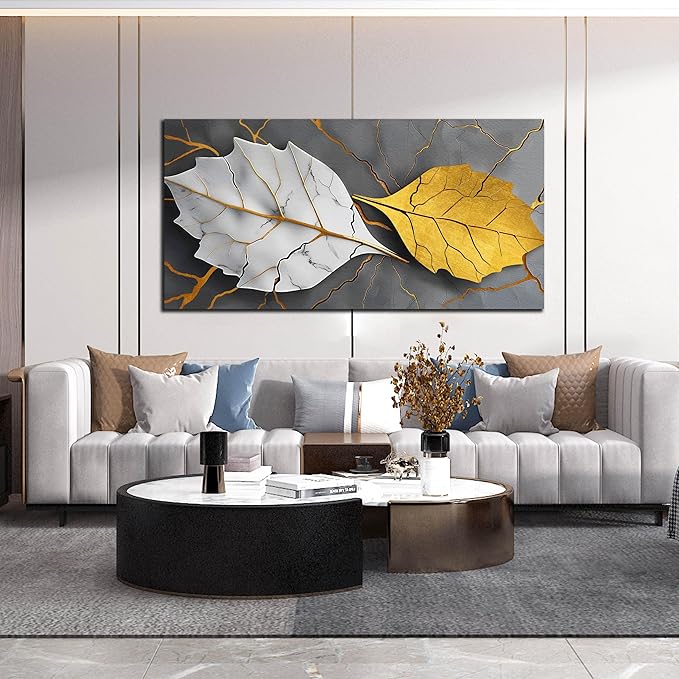 Large Canvas Wall Art for Living Room Bedroom Office Gold and White Leaves Picture Modern Canvas Prints Grey Abstract Framed Wall Decor Size 29x59