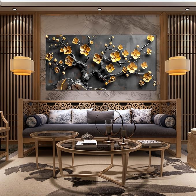 Large Canvas Wall Art for Living Room Bedroom Home Office Grey and Gold Metal Color Plum Blossom Picture Modern Canvas Prints Framed Wall Decor Size 29x59