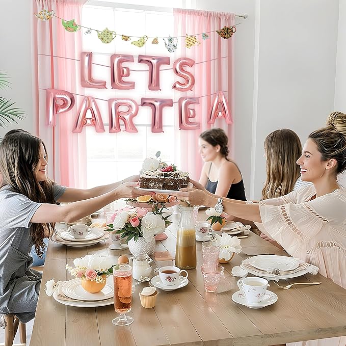 Let's Par Tea Decorations Tea Party Balloons Banner LET'S Par-Tea Foil Balloon Floral Teapots Teacups Balloons Banner Teacup banner for Birthday Baby Shower Wedding Party Supplies