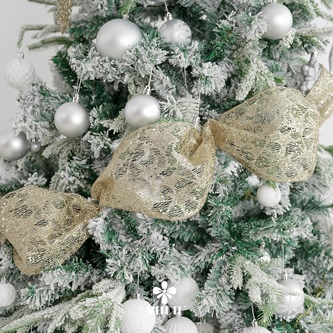 MEEDEE 6 Inch Wide Wired Ribbon Champagne Gold Glitter Mesh Web Wired Edge Ribbon by 10 Yards Roll Champagne Mesh Wired Ribbons for Christmas Tree, Garland, Wreaths, Bows, Centerpiece, Gift Wrapping