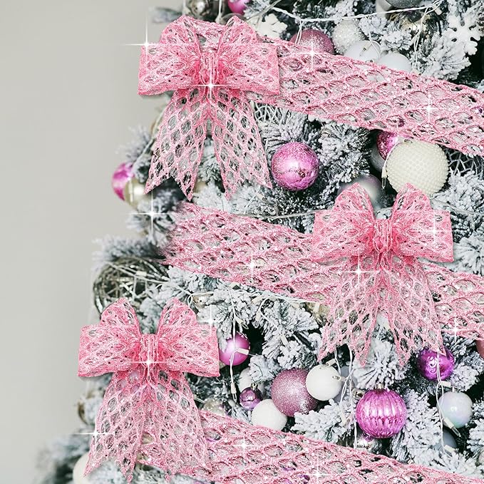 Geosar 20 Yards Pink Glitter Mesh Wired Ribbon for Christmas Tree Decorations, Gift Wrapping, DIY Craft, Xmas Wreaths, Cabinet Decor (2.5 Inch)