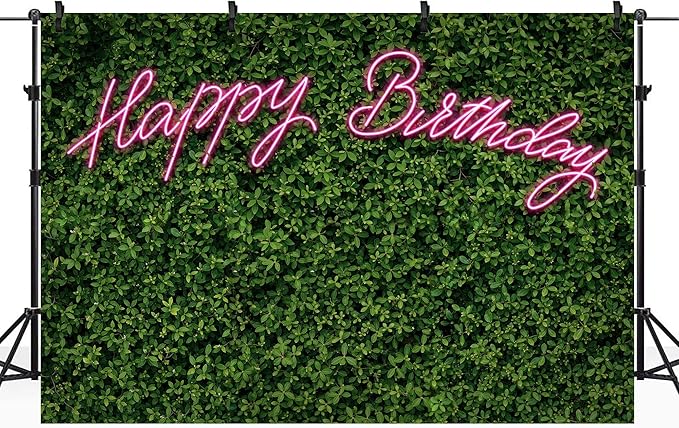 Riyidecor Neon Happy Birthday Backdrop Polyester Fabric Green Grass Leaf Rustic Spring Leaves Plant 8Wx6H Feet Pink Nature for Woman Photography Background Birthday Photo Studio Shoot