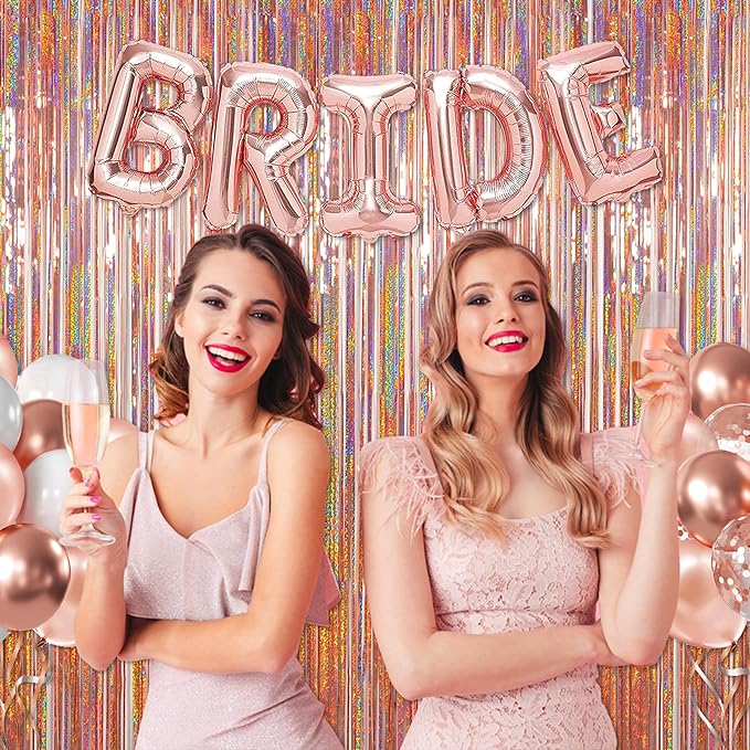 Foil Fringe Backdrop, Melsan 2 Pack 3.2 ft x 8.2 ft Tinsel Foil Fringe Curtains, Sparkle Fringe Curtains for Bachelorette Party Decorations Photo Background Decoration, Rose Gold