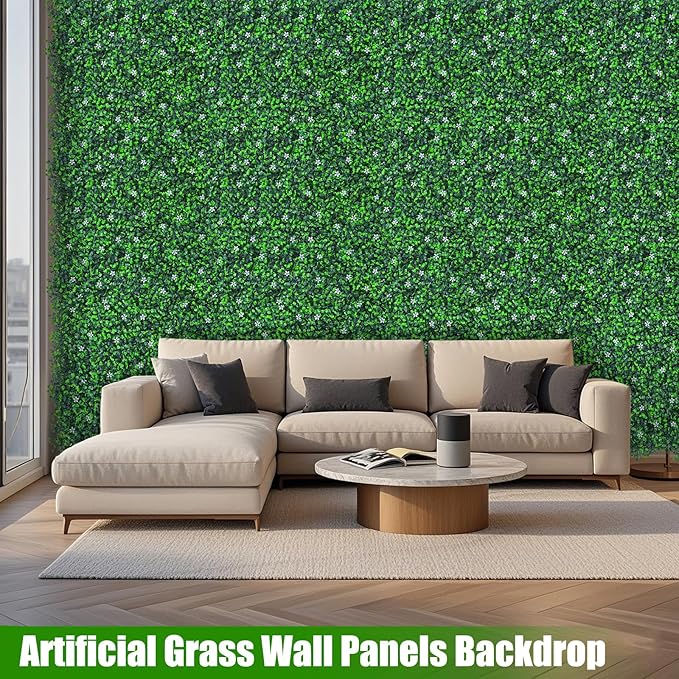 EverNture 48"x120"(40 SQFT) Grass Wall Panels, Artificial Grass Backdrop, Fake Greenery Plant Boxwood Roll with Flower, Green Wall Decor for Outdoor Indoor Patio Garden Backyard